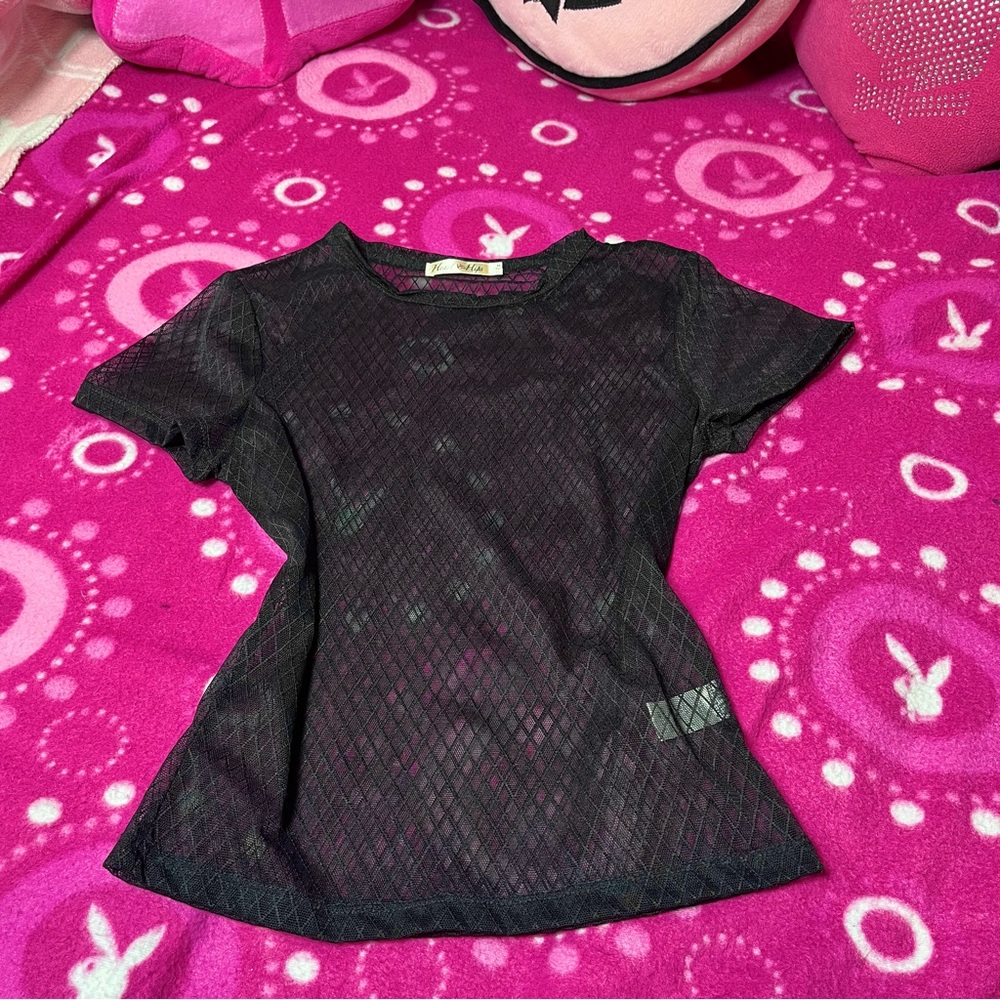 Heart Hips Y2k Goth Emo Mesh Fish Net Fitted Top Size Medium - Picture 2 of 5